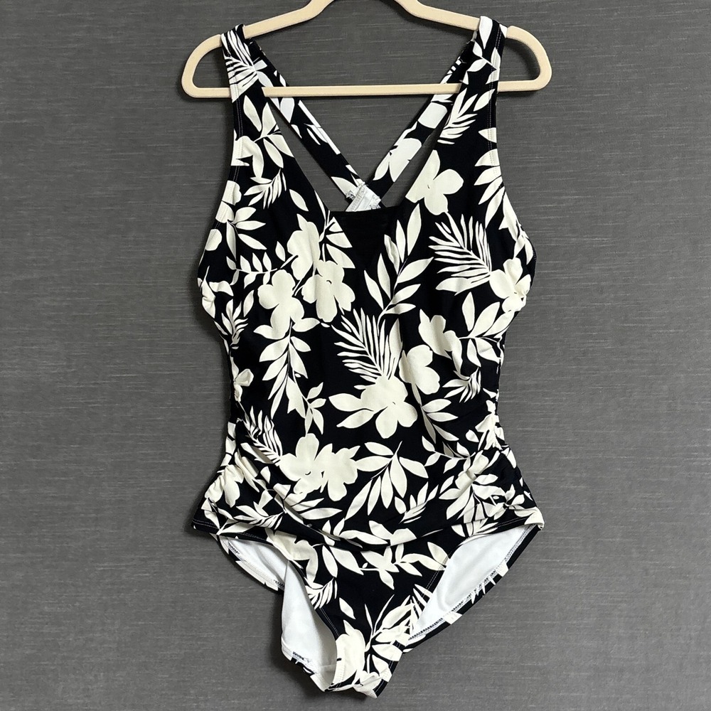 Lands End Swim Suit XL Black Cream Floral Tropical One Piece Ruched Beach Pool